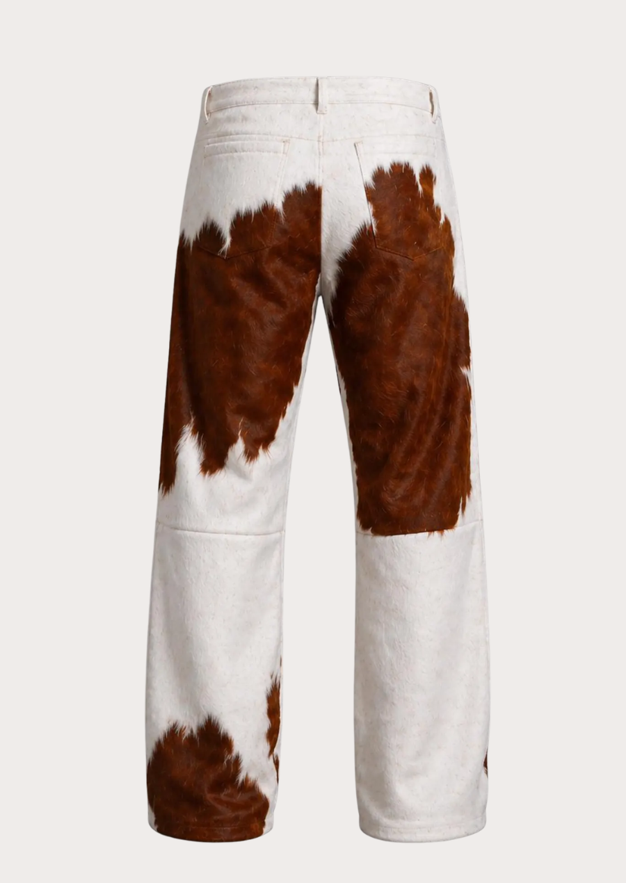 Men’s hair-on cowhide leather trousers featuring authentic Western heritage design