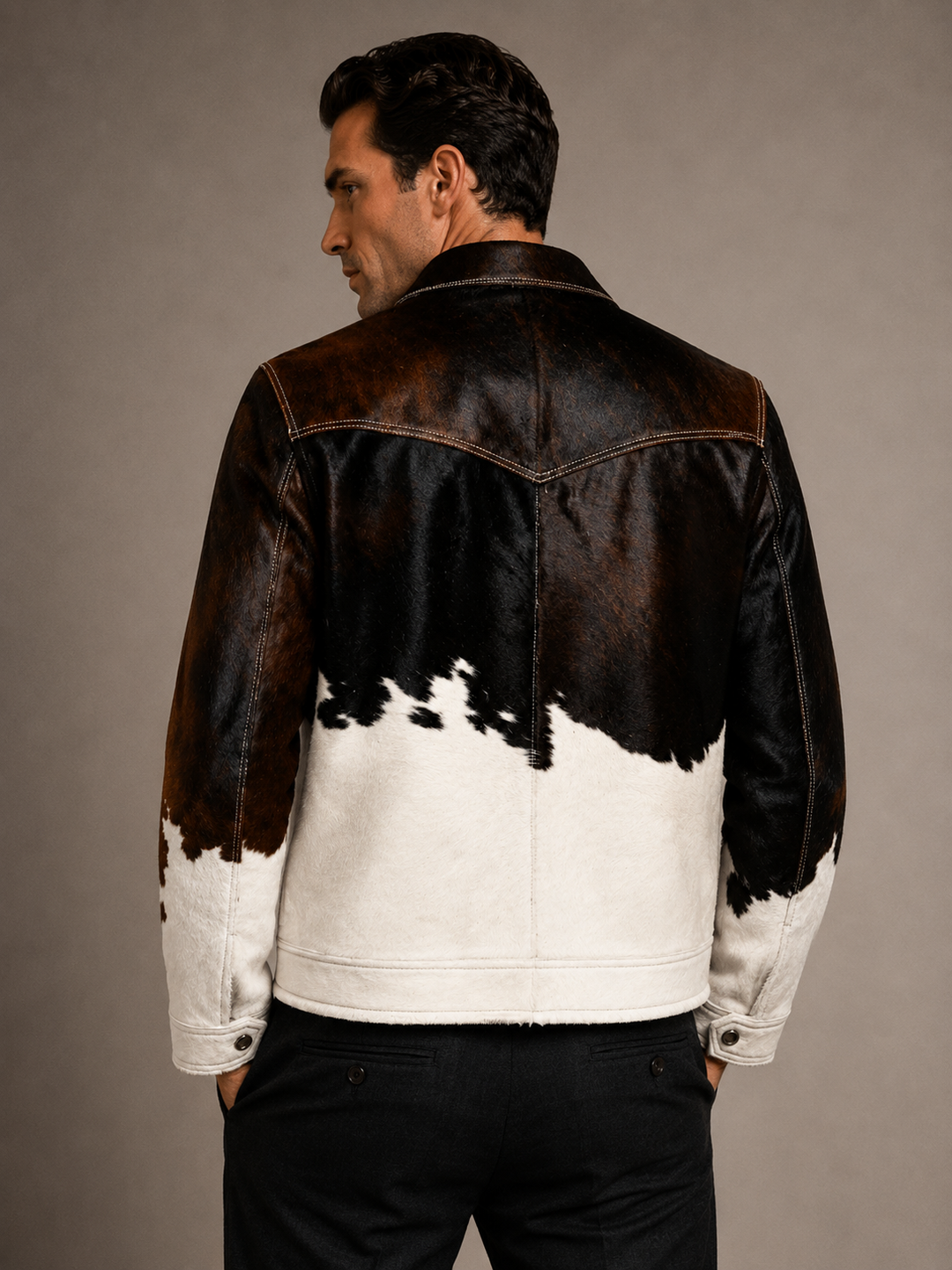 Authentic hair-on hide leather trucker jacket for men with unique natural patterns