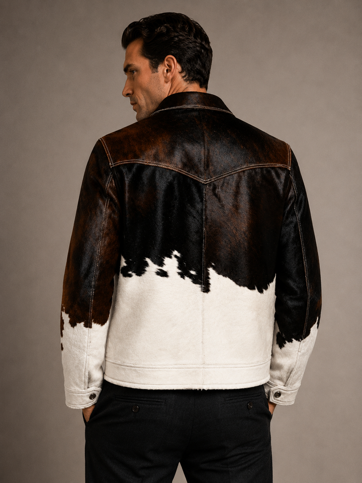 Authentic hair-on hide leather trucker jacket for men with unique natural patterns