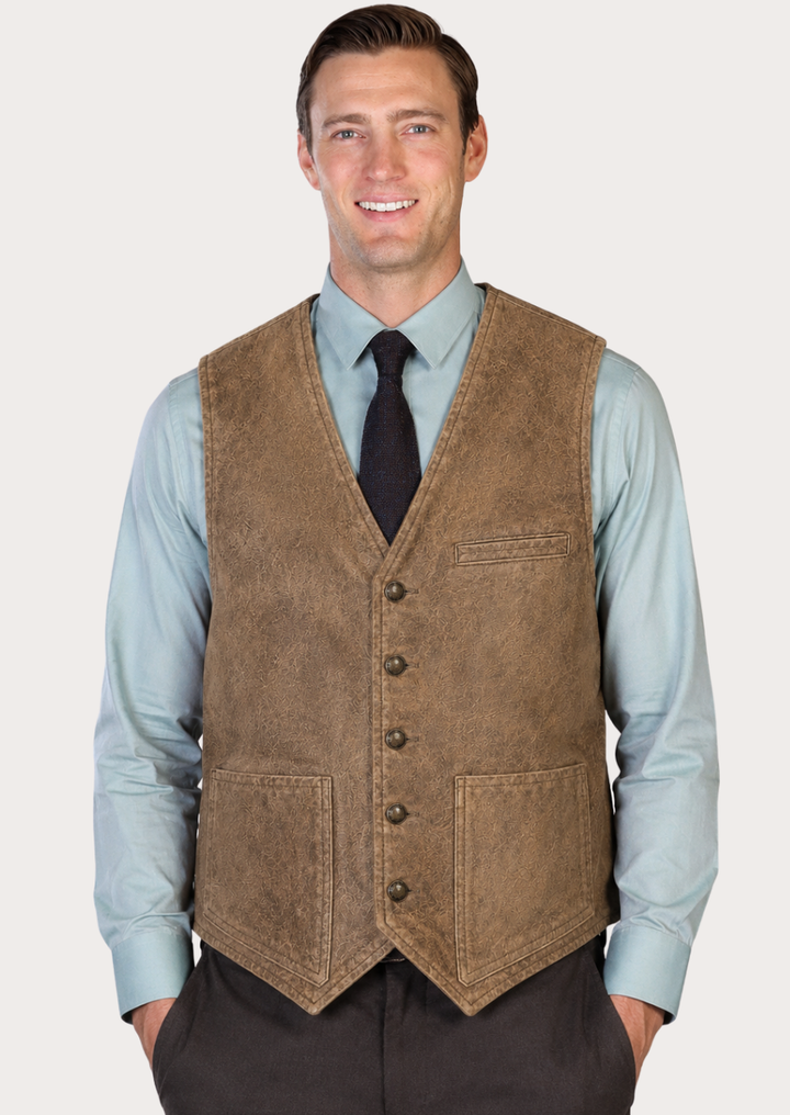 Men's heritage brown cowboy vest with vintage Western styling and button closure
