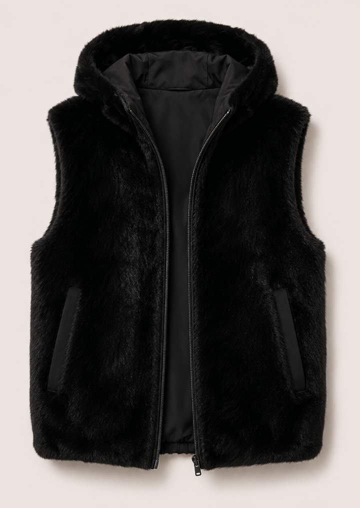 Luxury men's faux fur vest in black with sleeveless construction and side pockets.