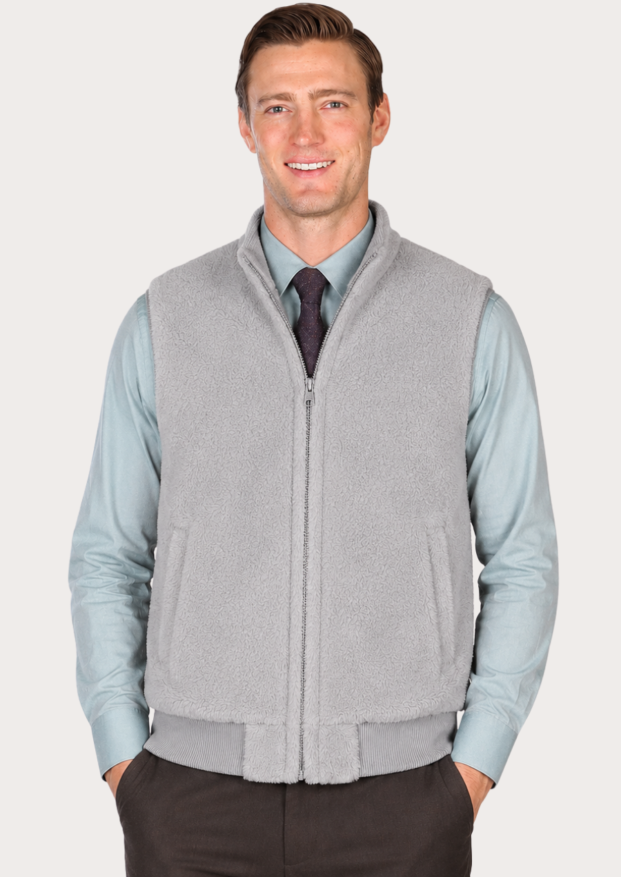 Men's light grey faux shearling vest with soft sherpa fur and full zip closure