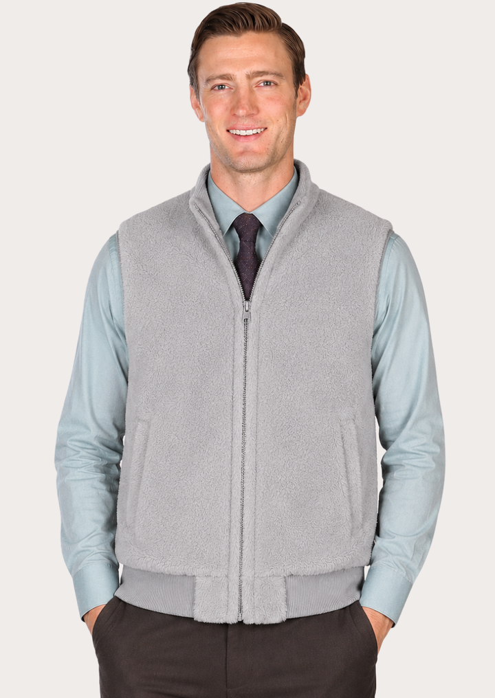 Men's light grey faux shearling vest with soft sherpa fur and full zip closure