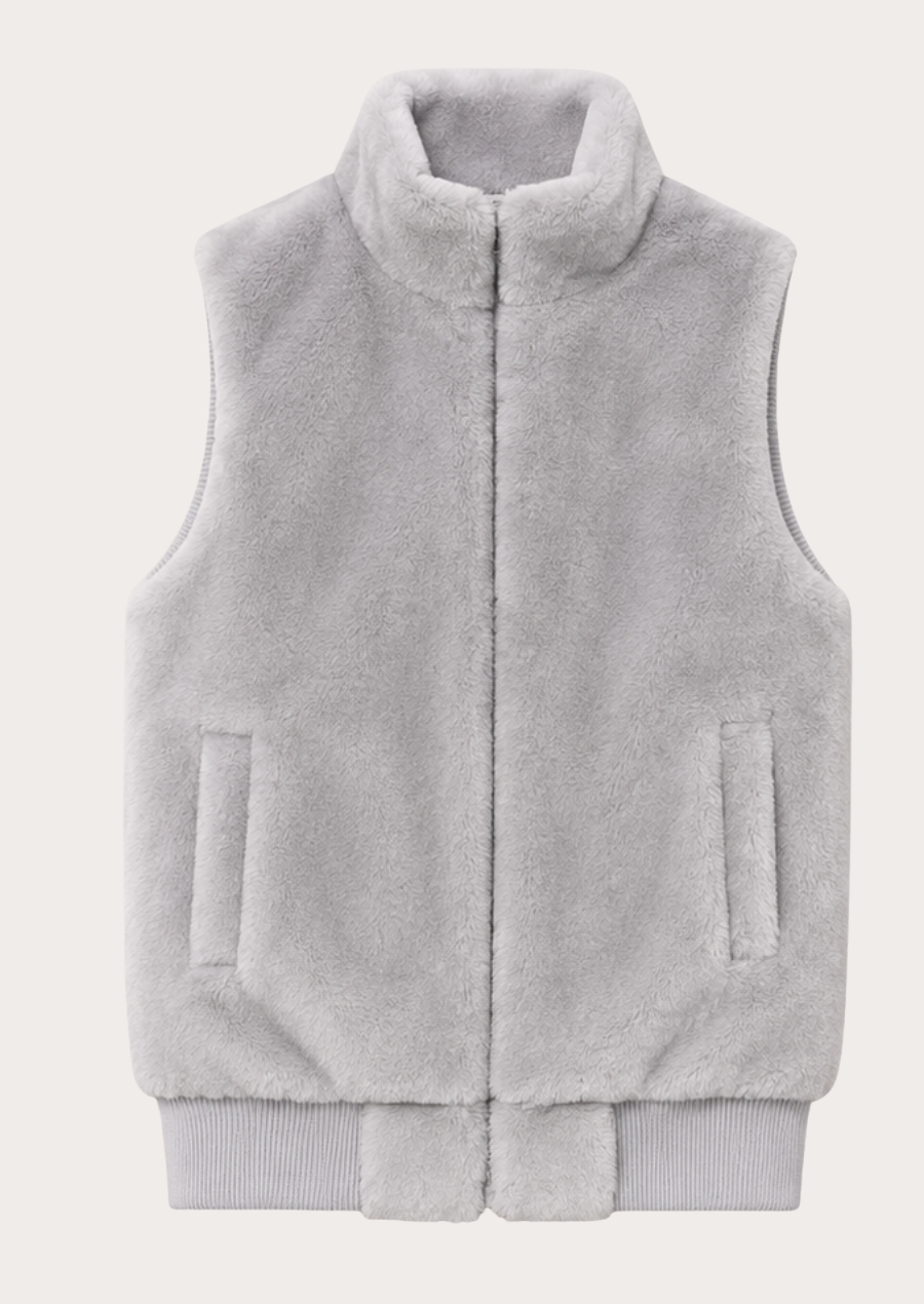 Cozy faux shearling winter vest featuring a stand-up collar and practical pockets