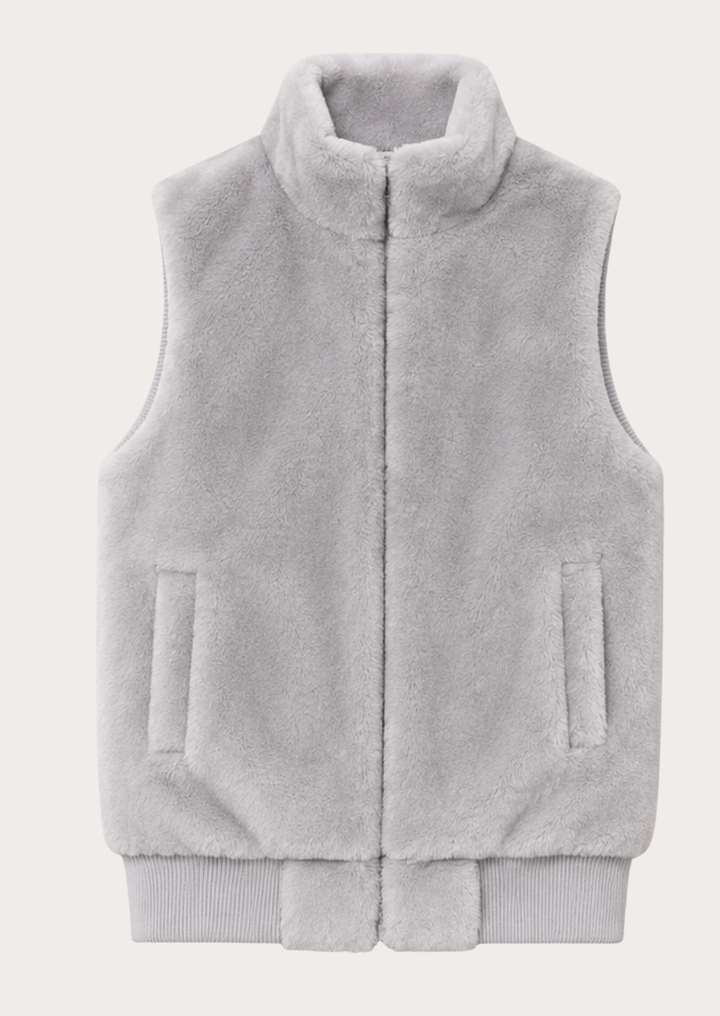 Cozy faux shearling winter vest featuring a stand-up collar and practical pockets