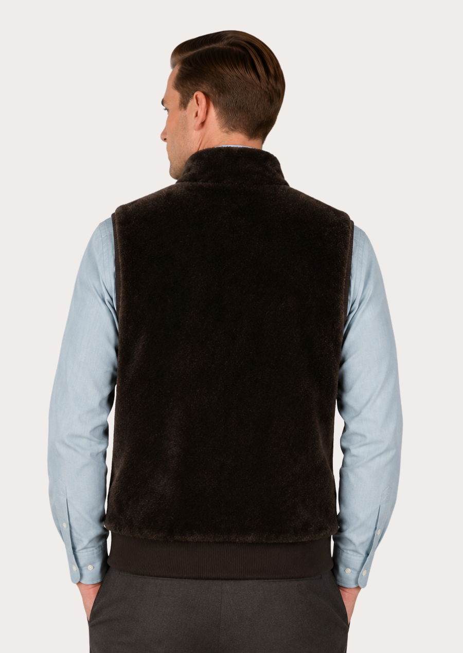 Brown faux fur sleeveless gilet perfect for cold-weather layering and outdoor activities