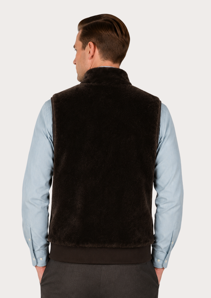 Brown faux fur sleeveless gilet perfect for cold-weather layering and outdoor activities