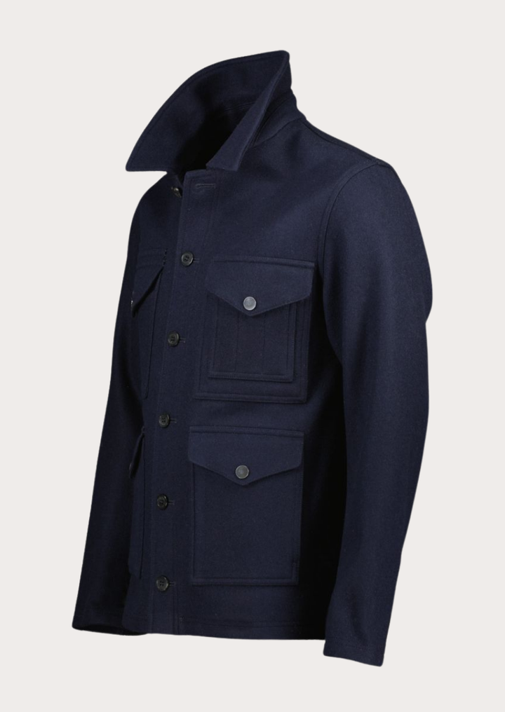 Men's navy wool field jacket designed with traditional Austrian influences