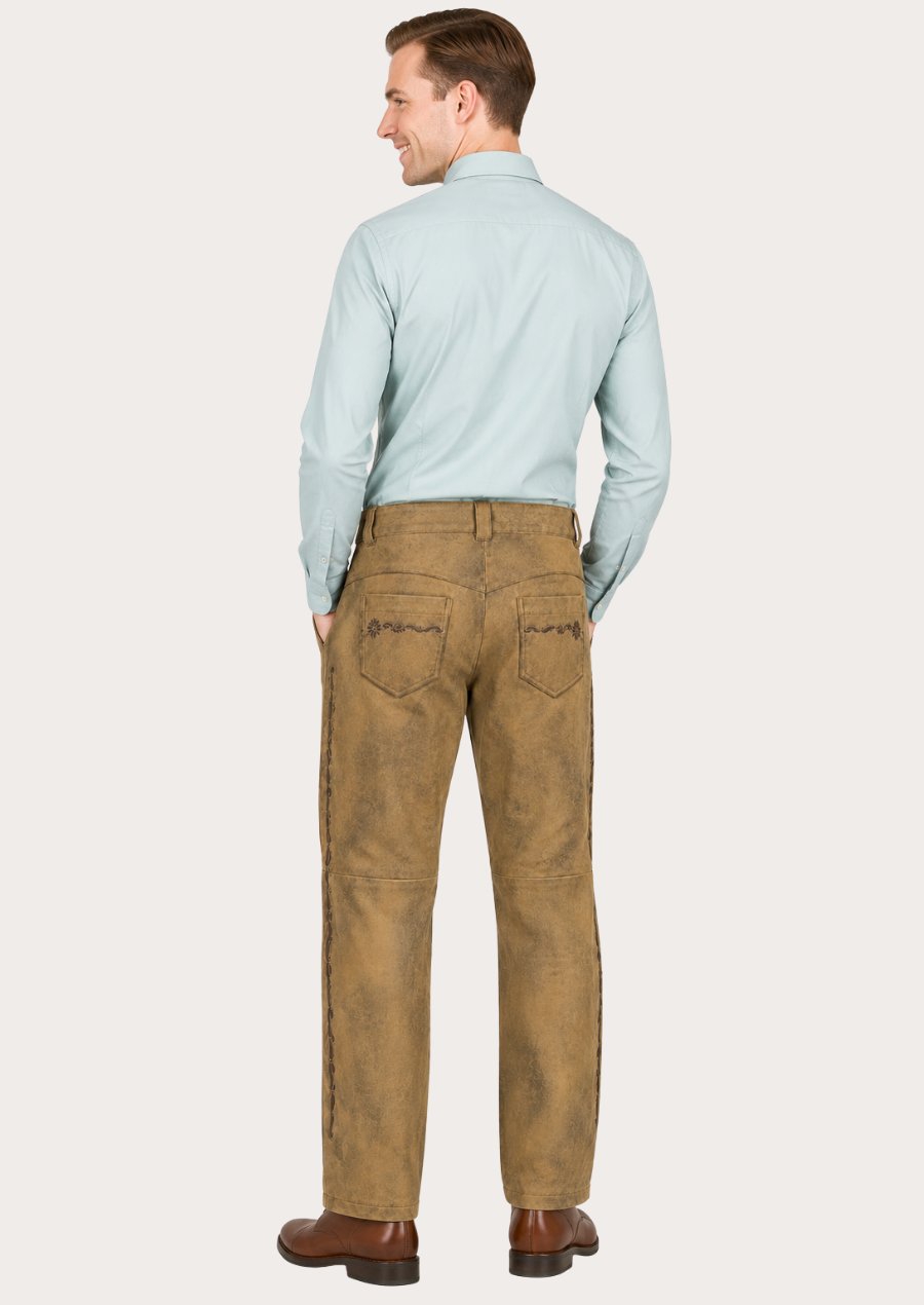 Classic Alpine-style tan Lederhosen long pants designed for festivals and heritage wear