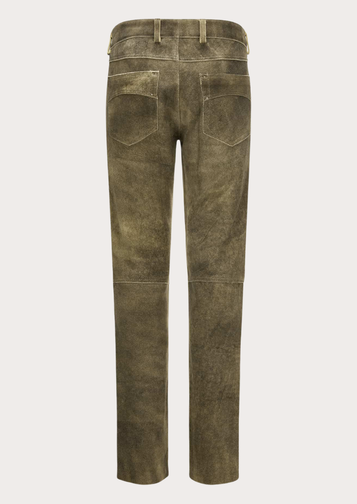 Men's olive brown suede leather trousers crafted from high-quality premium leather