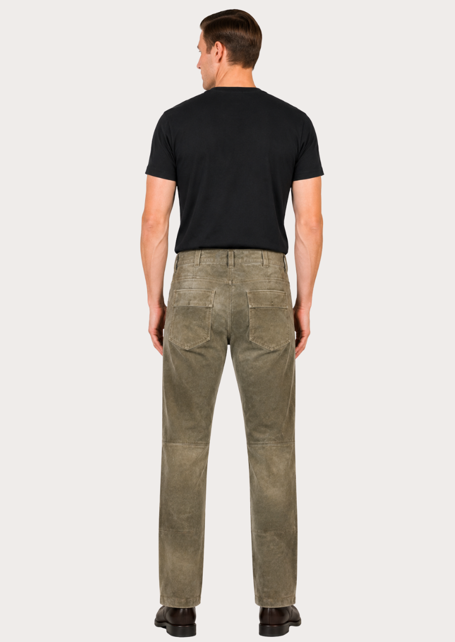 Men’s olive green suede leather cargo trousers featuring multiple functional pockets