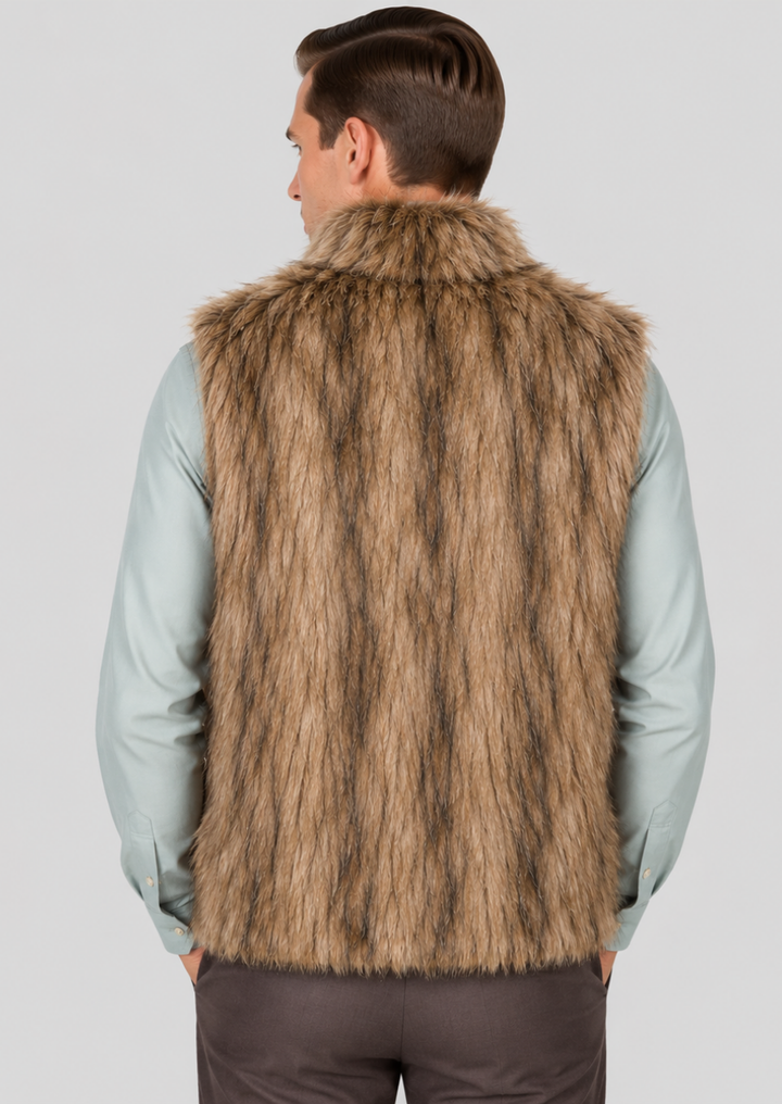 Men's sleeveless faux fur vest in brown with lightweight warmth.