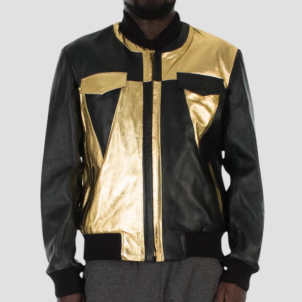 A statement piece for men, this black and gold bomber jacket combines luxury with modern style.