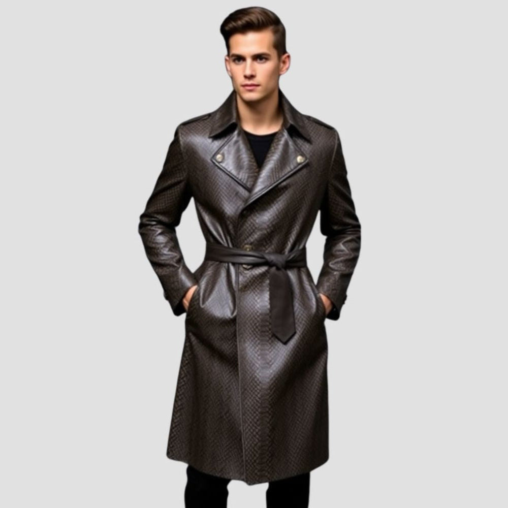 Stand out in this stylish snakeskin leather trench coat for men, designed to make a bold fashion statement.