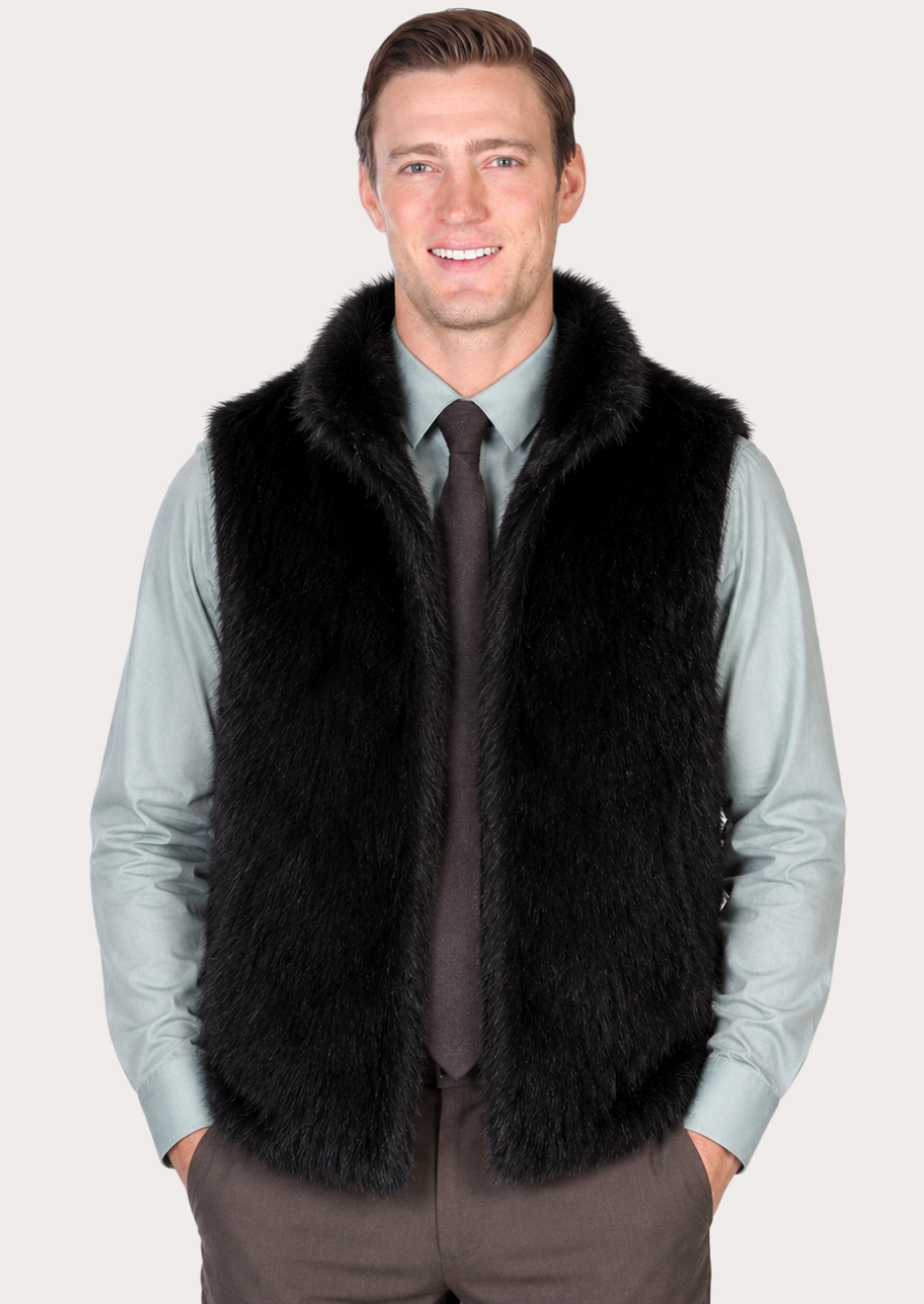 Men’s raven black faux fur vest with open-front sleeveless design.