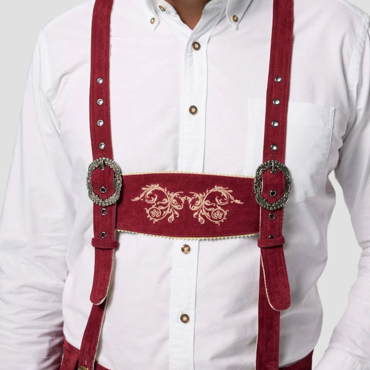 Add a splash of color to your Oktoberfest look with these classic red Lederhosen, blending tradition with modern style.