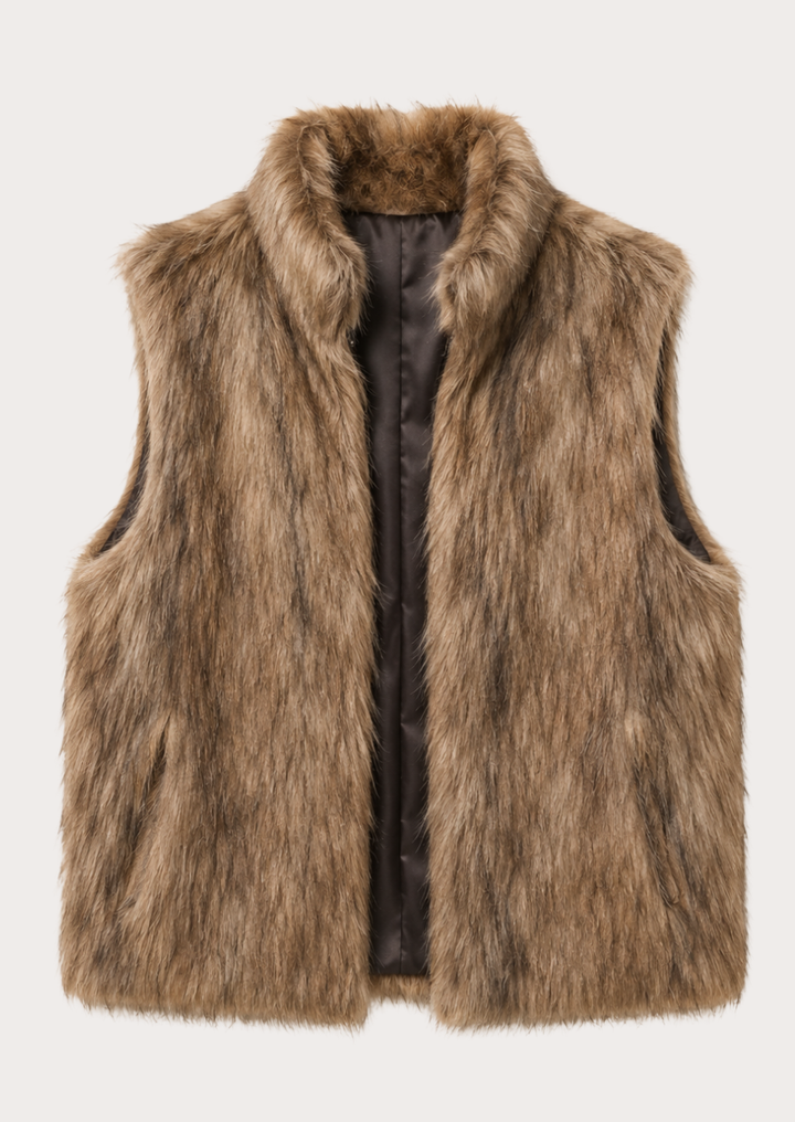 Men's rustic brown faux fur vest with open-front sleeveless design.