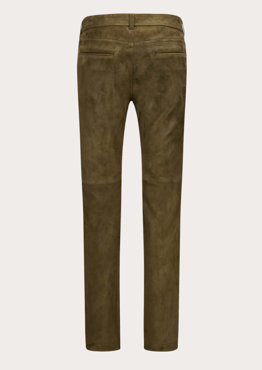 Men's brown suede leather trousers featuring a rugged Western-style design