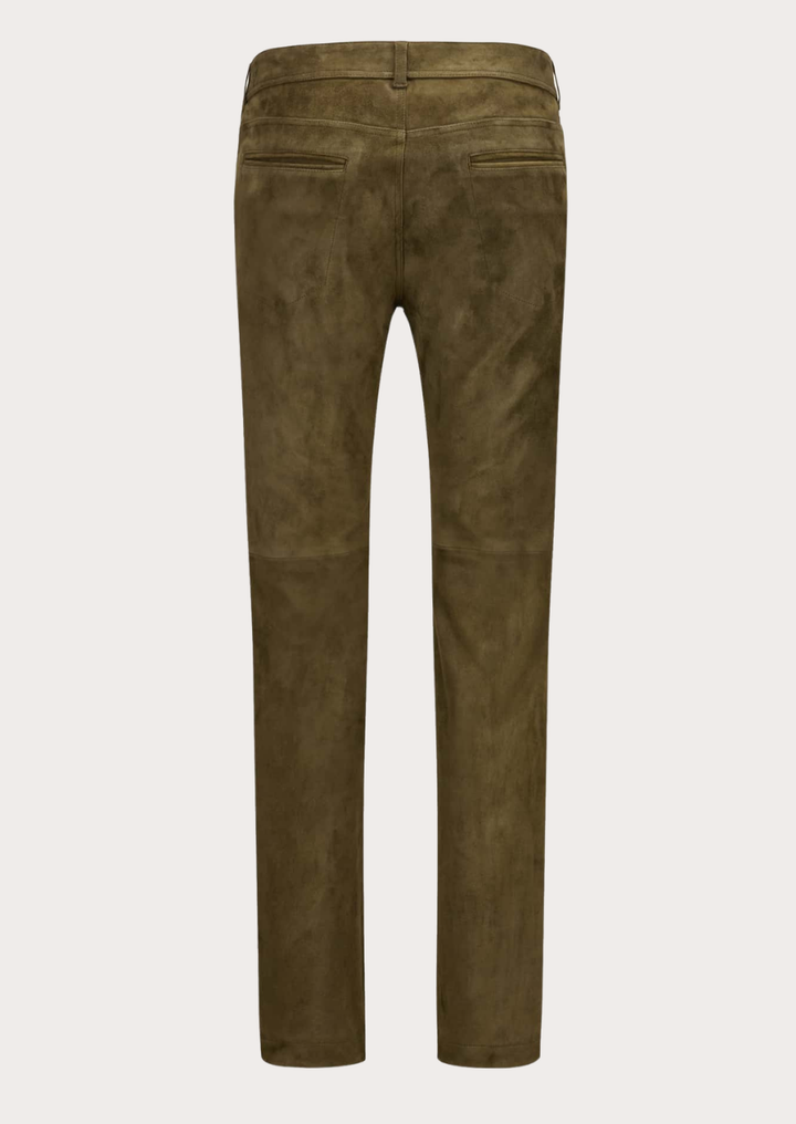 Men's brown suede leather trousers featuring a rugged Western-style design