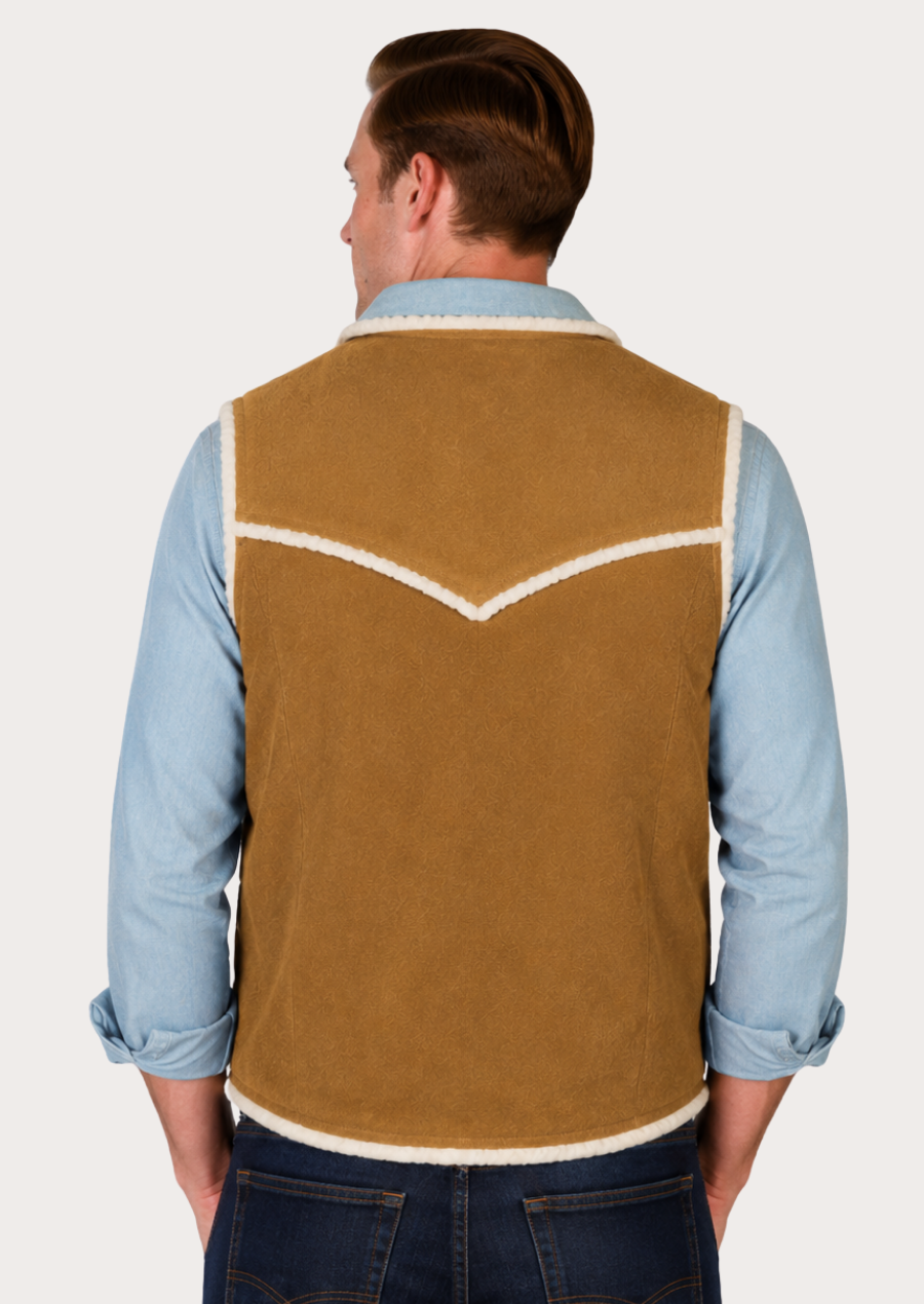 Suede ranch vest featuring a stand collar and lightweight insulated design