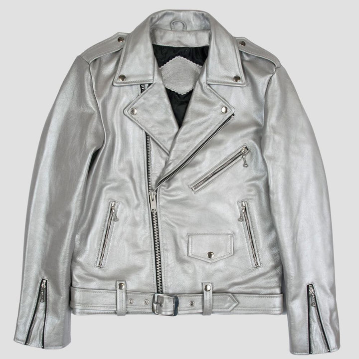 Upgrade your streetwear game with this silver metallic bomber jacket, the ultimate trendy outfit choice.