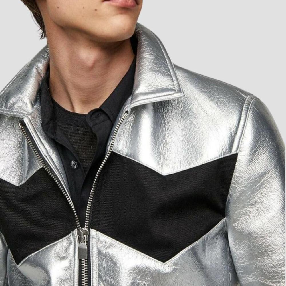 Embrace the urban vibe with this trendy silver metallic jacket, blending sleek design with cutting-edge fashion.