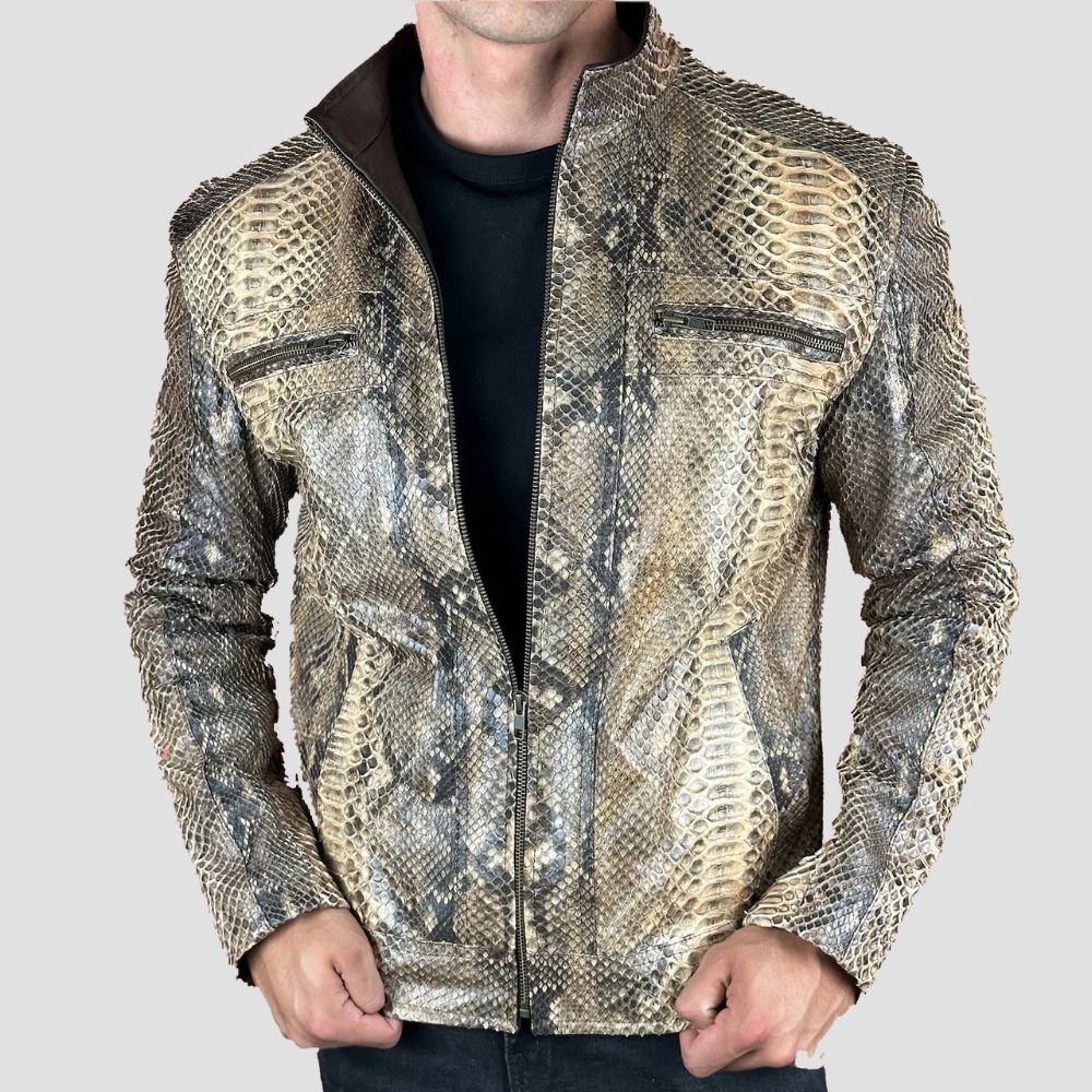 Exude confidence and style with this men’s snakeskin leather jacket, designed for a bold and classic biker look.