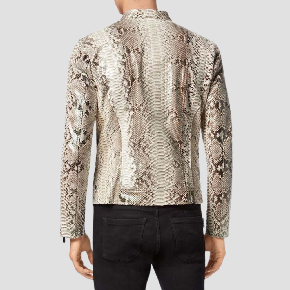 Exude confidence and style with this men’s snakeskin leather jacket, designed for a bold and classic biker look.