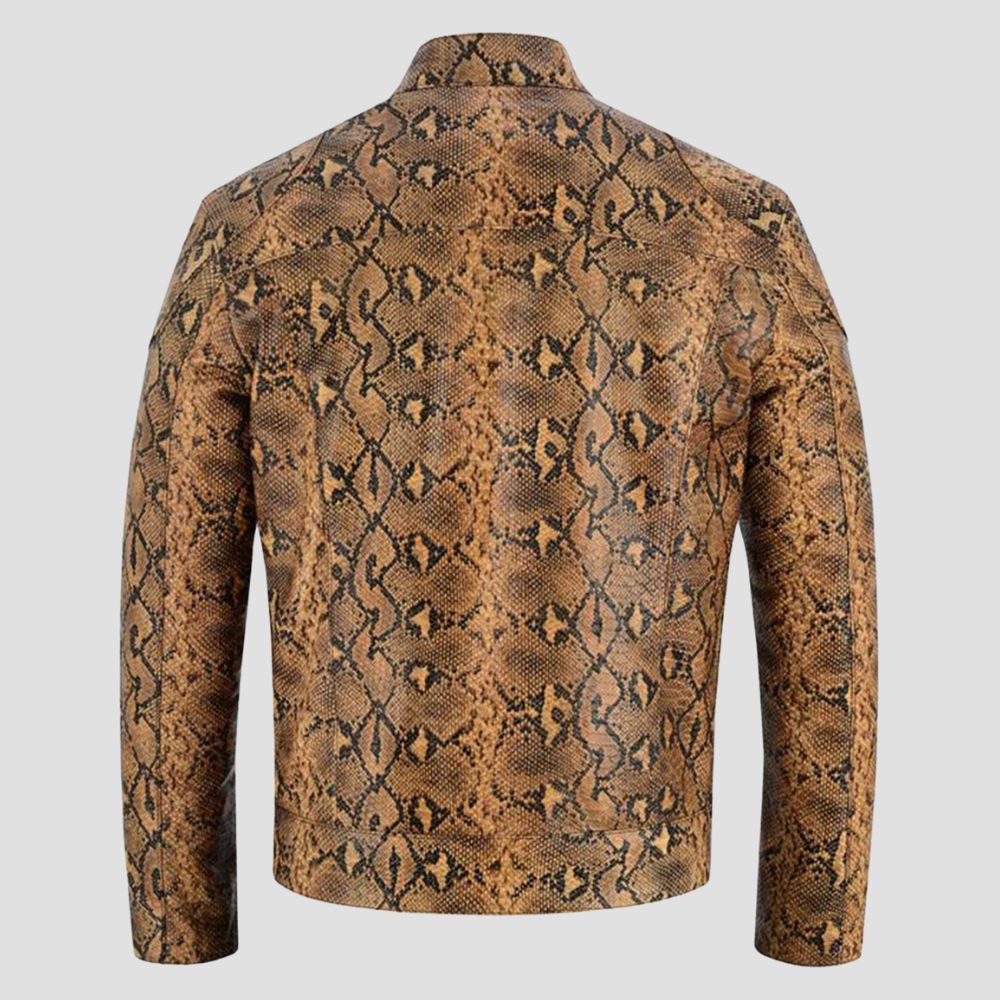 Make a bold statement on the road with this men’s snakeskin leather jacket, designed for modern, chic biker fashion.