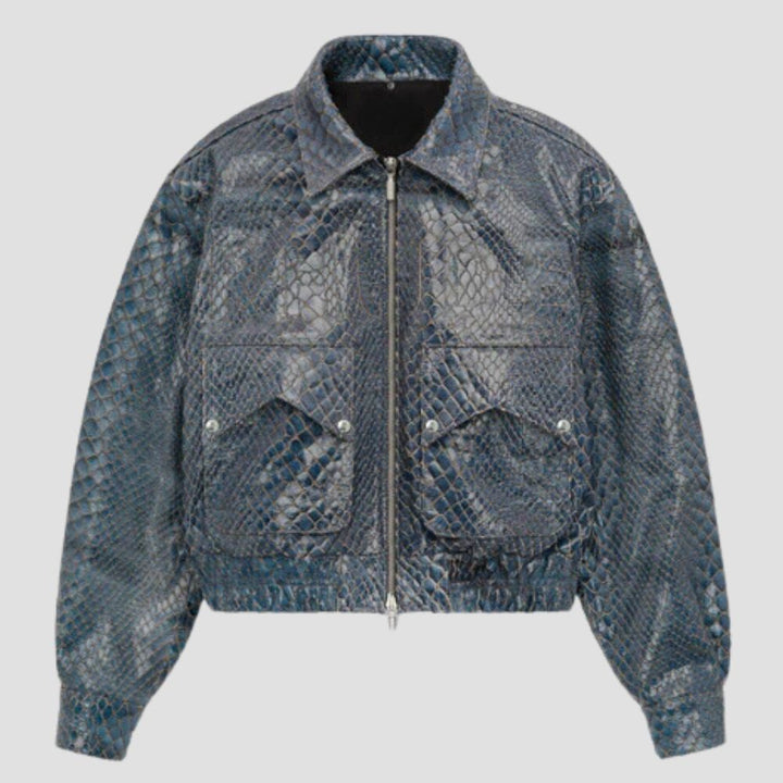 This men’s snakeskin leather jacket with a fur collar delivers an edgy yet luxurious winter fashion statement.