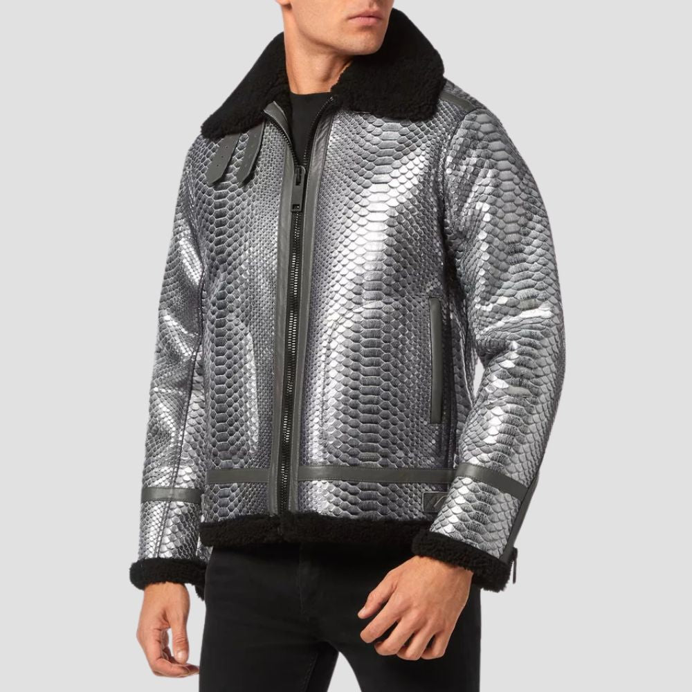 Step up your fashion game with this men’s snakeskin leather jacket featuring a cozy shearling fur interior.