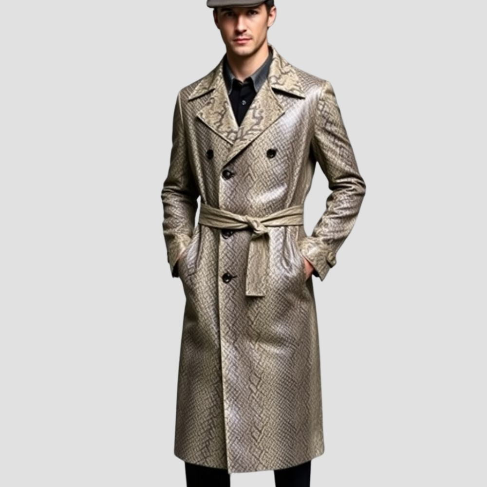 This men’s snakeskin leather trench coat combines exotic appeal and luxurious texture for an unparalleled look.