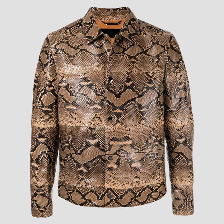 Men snakeskin pattern leather shirt stylish urban fashion outfit