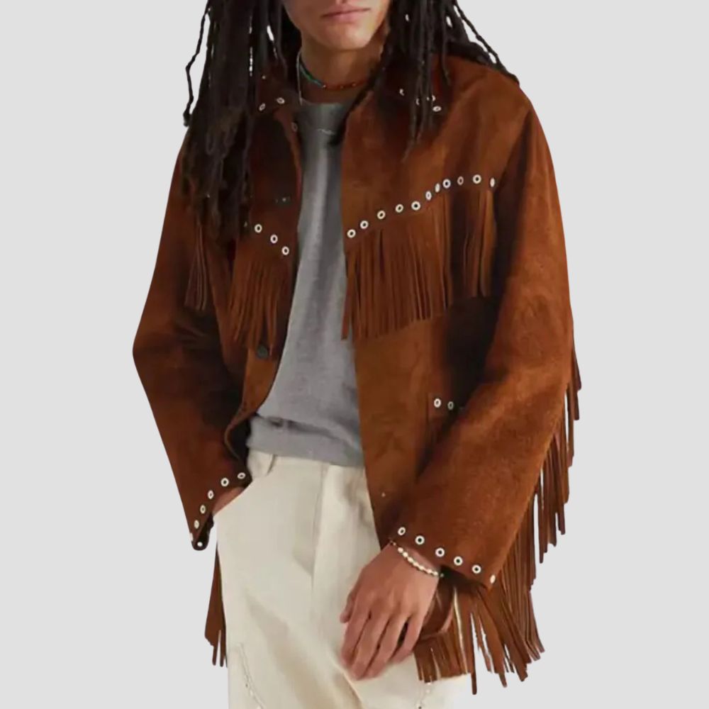 Perfect for western fashion enthusiasts, this men’s suede cowboy jacket with fringe details brings classic charm and a touch of modern edge.