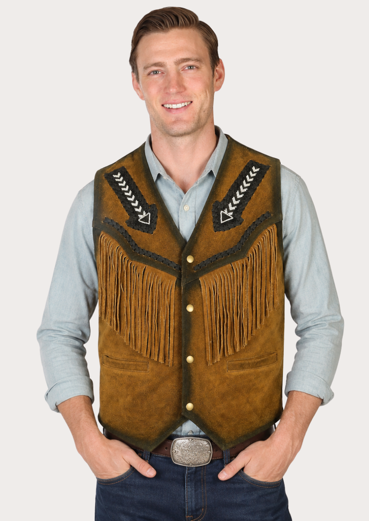 Men's suede fringe leather vest in rustic brown with classic Western cowboy styling