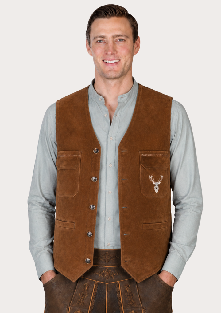 Men's suede Trachten waistcoat featuring detailed beer mug embroidery and Alpine styling