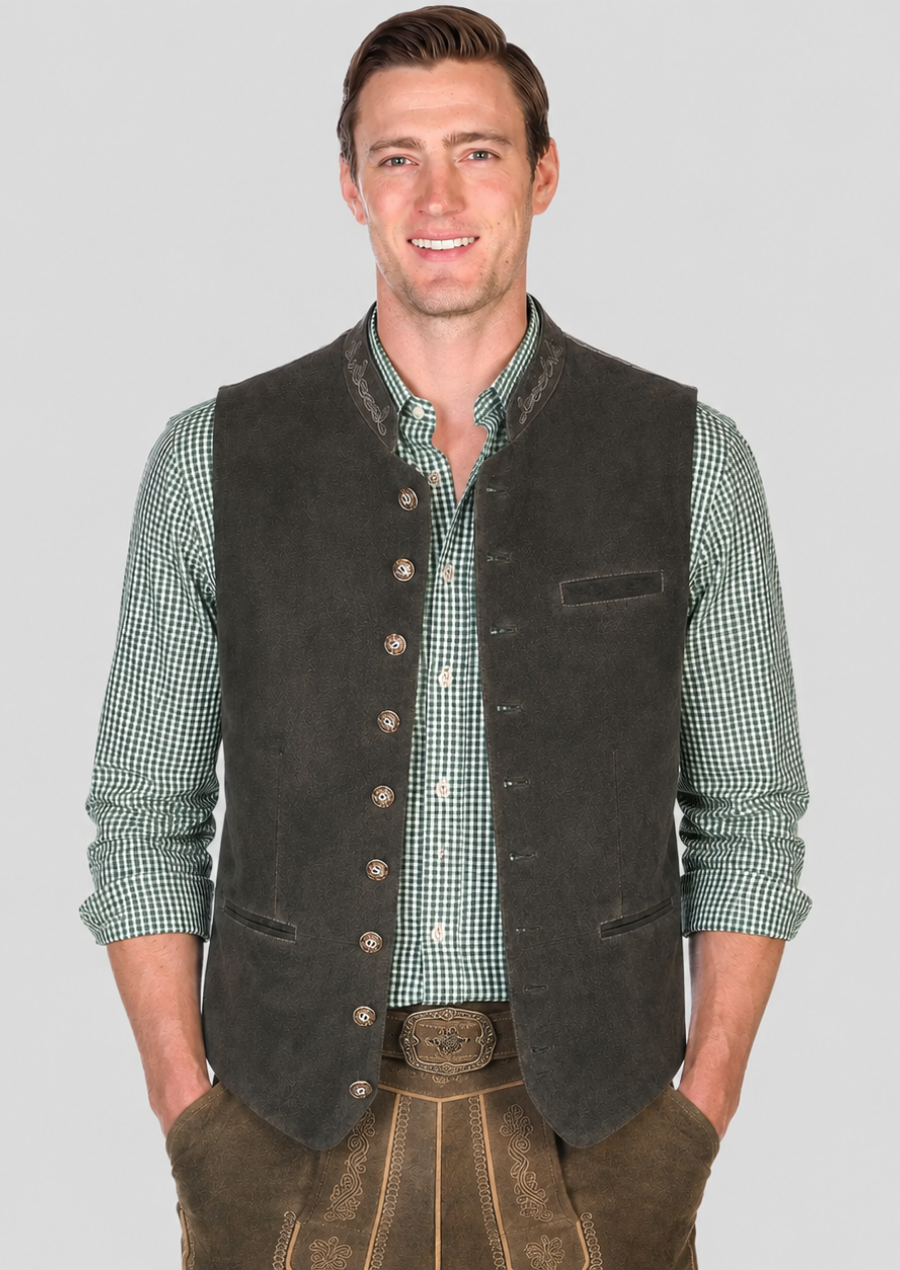 Men's suede Trachten waistcoat with detailed embroidered collar craftsmanship