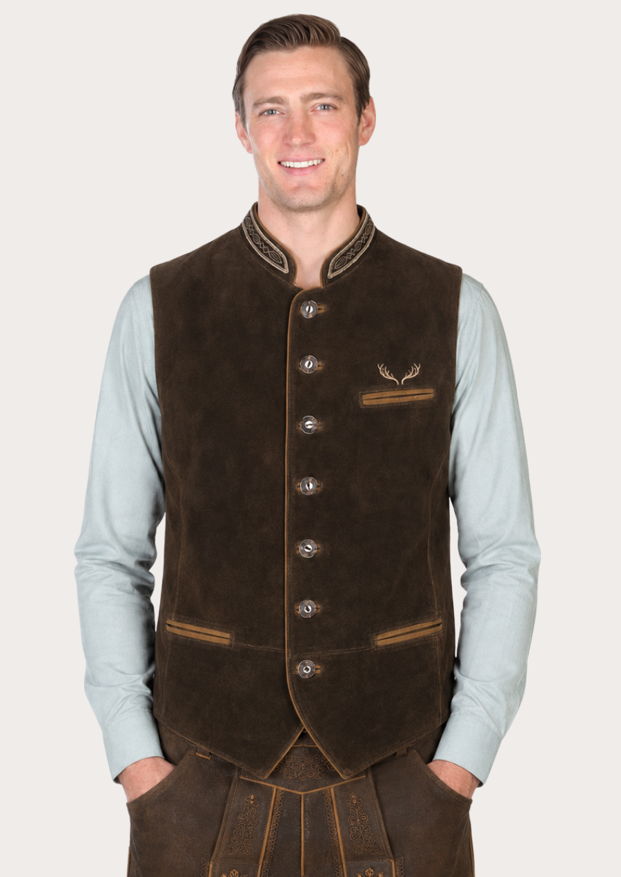 Men's suede Trachten waistcoat with detailed deer embroidery inspired by Alpine heritage