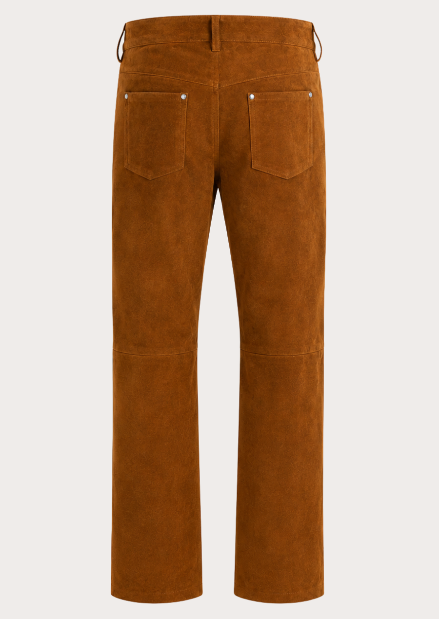 Men's tan suede motorcycle trousers featuring reinforced stitching and front pockets
