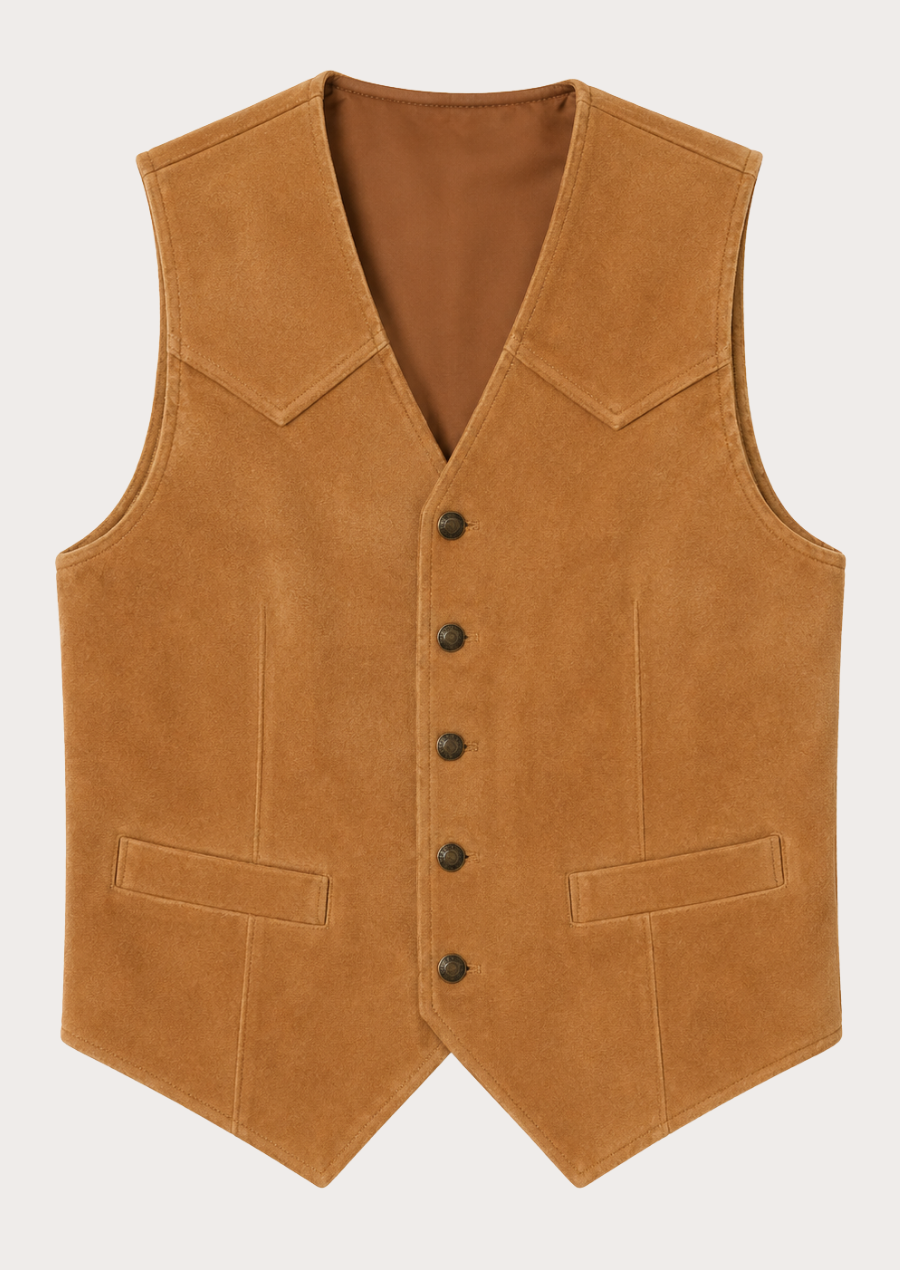 Men's tan suede cowboy vest with button front closure and Western styling