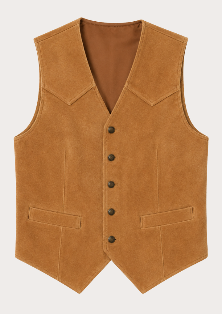Men's tan suede cowboy vest with button front closure and Western styling