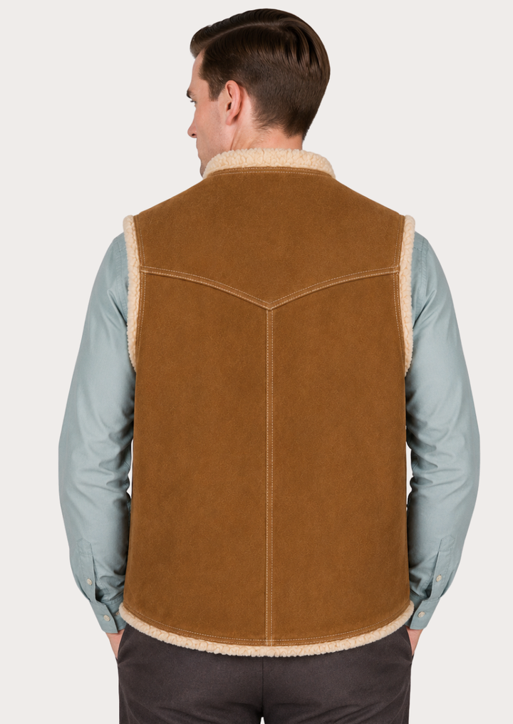 Men's tan suede fur waistcoat featuring soft faux shearling lining and ranch-inspired design