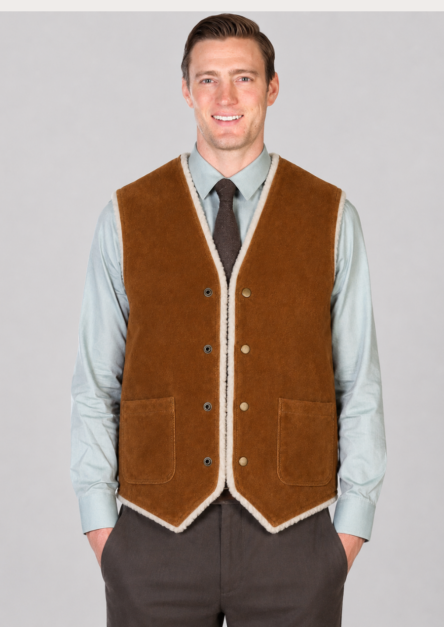 Men's tobacco brown suede vest with soft shearling lining and cowboy styling