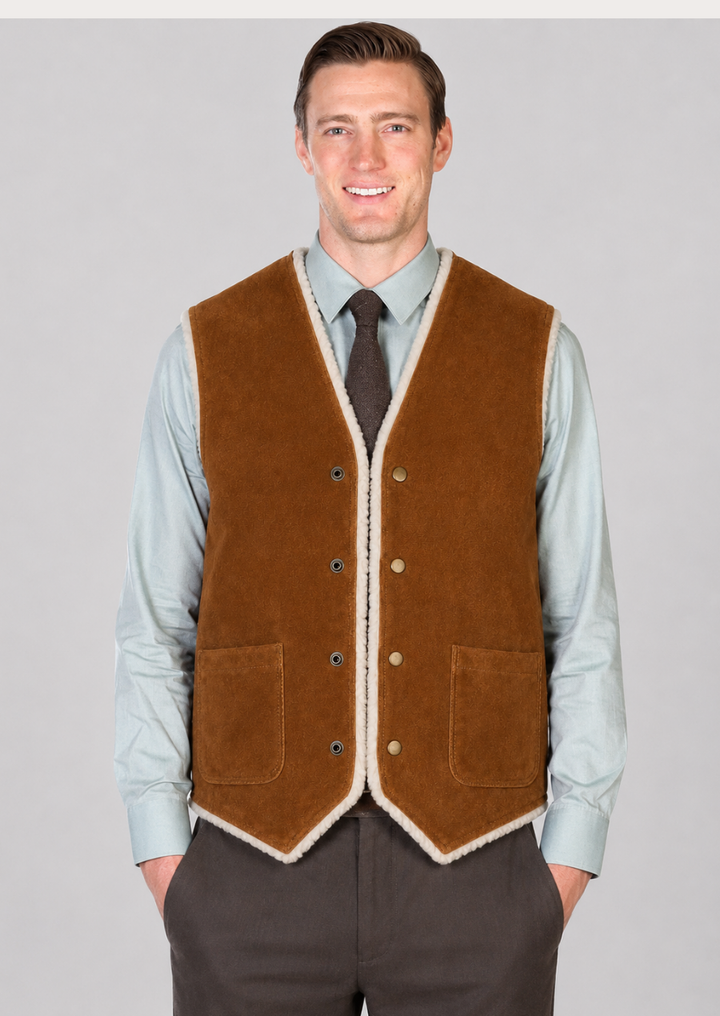 Men's tobacco brown suede vest with soft shearling lining and cowboy styling