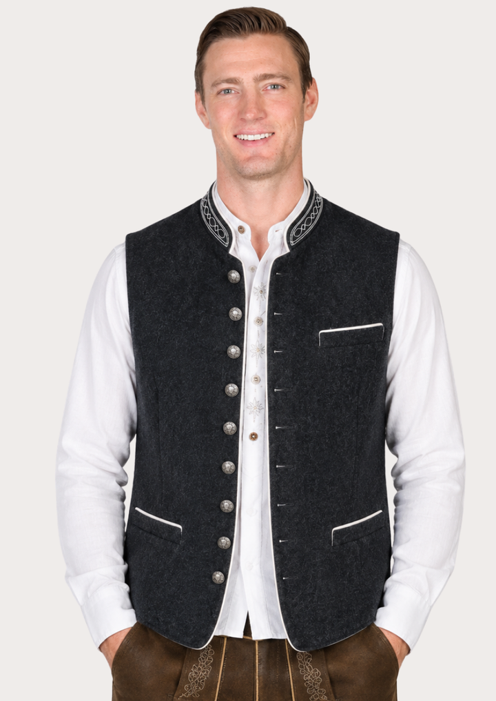 Authentic Bavarian waistcoat featuring detailed embroidered collar craftsmanship