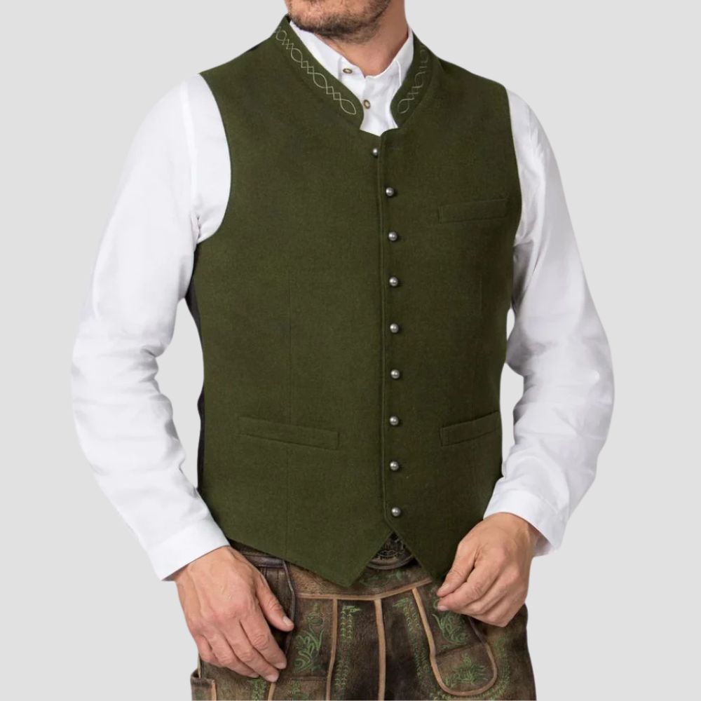 Elevate your look at traditional events with this men’s Trachten vest, featuring classic metal button detailing.