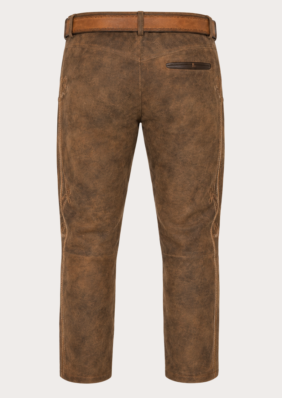 Men’s long Lederhosen leather pants inspired by classic Bavarian heritage fashion