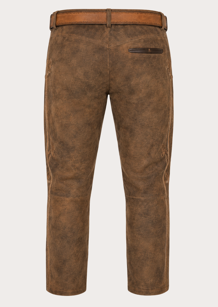 Men’s long Lederhosen leather pants inspired by classic Bavarian heritage fashion