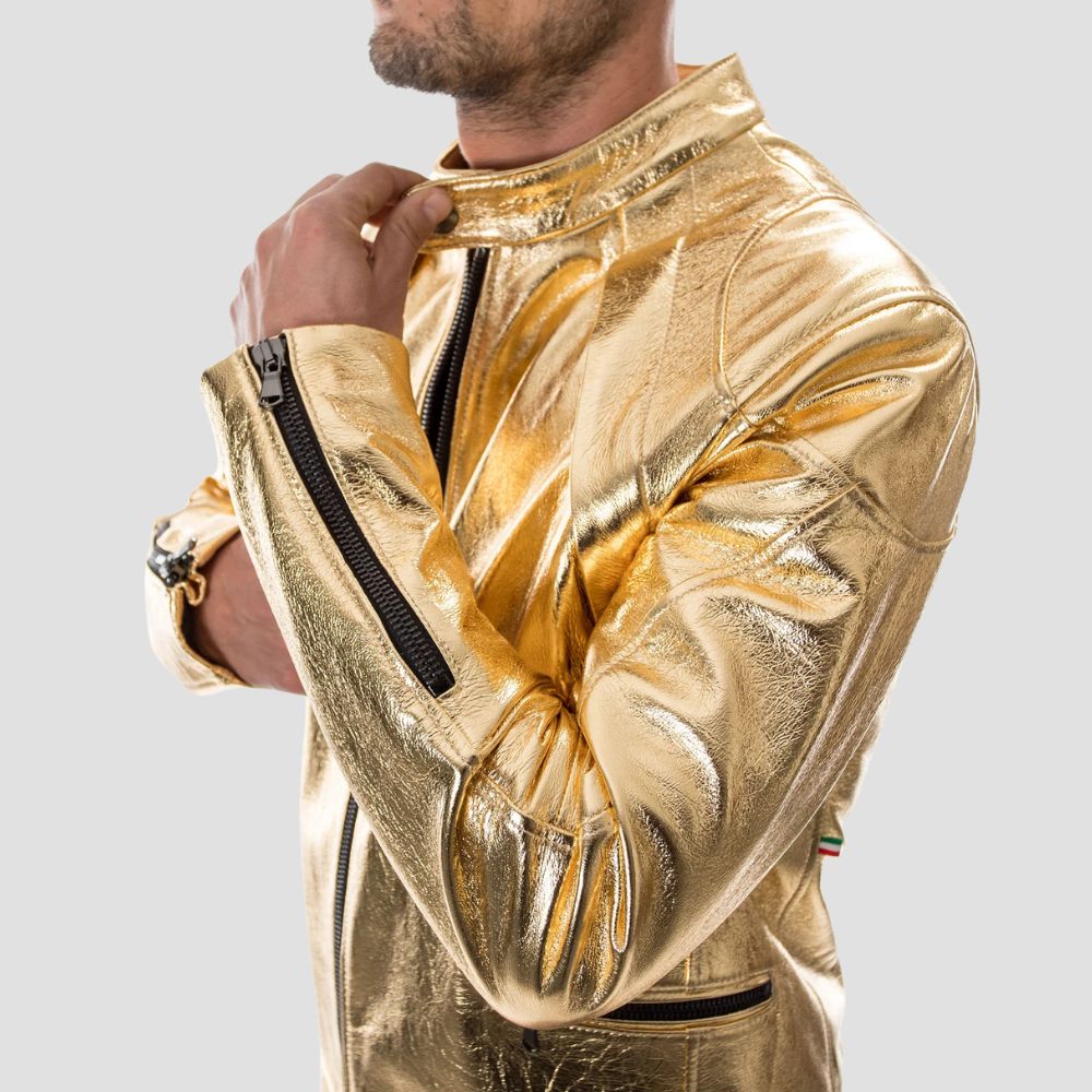 Turn heads with this fashionable metallic leather jacket for men, perfect for those who love to stand out in style.