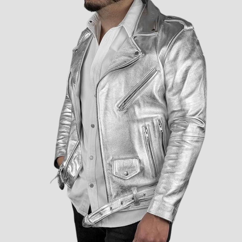 Elevate your streetwear with this bold silver metallic jacket, made to capture attention and showcase your unique urban style.